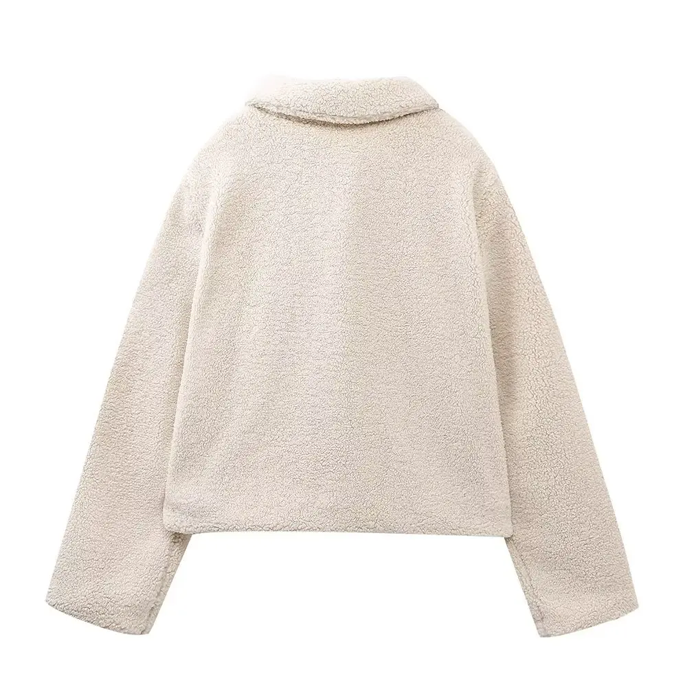 Jenny&Dave Contrast Single Breasted Casual Jacket Women Tops French Fashion Ladies Elegant Beige Round Neck Fleece Coat
