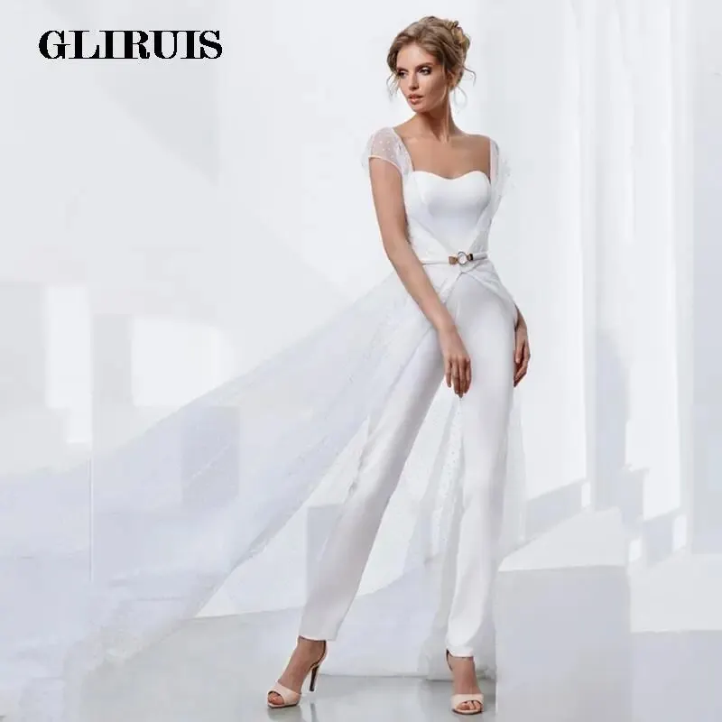 

Jumpsuit Wedding Dress Long Sashes Removeable Train Stain Robe De Mariee For Women Bride Gown Pantsuit