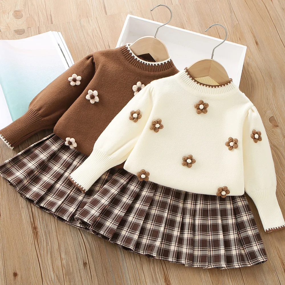 Girls Knitted Pullover Pleated Skirt Sweater Set