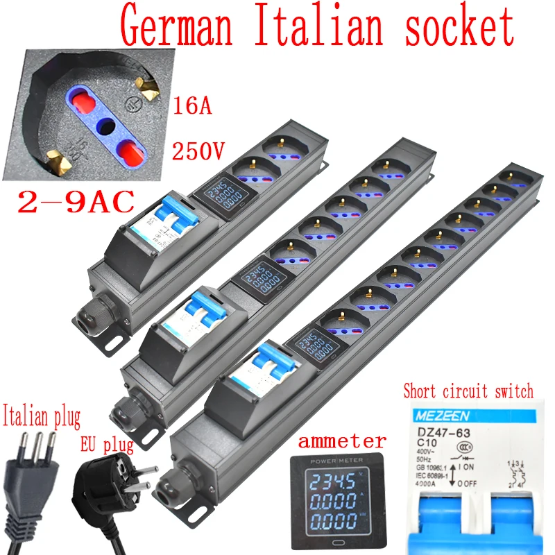 

Aluminum alloy PDU power board 2-9 units 16A 4000W short circuit switch German Italian socket 2m power cord With ammeter