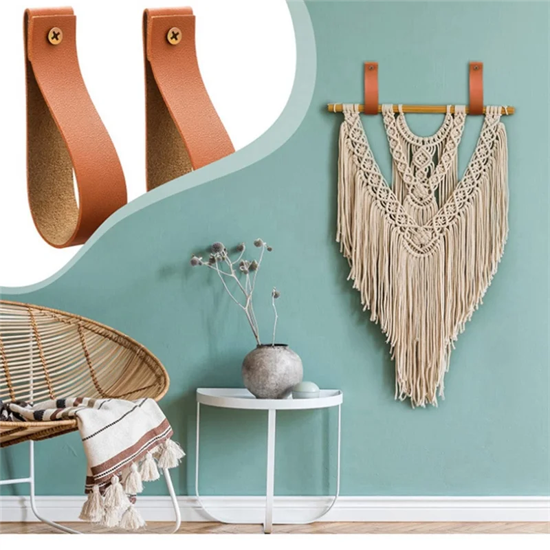 

8PCS PU Leather Wall Hooks Wall Hanging Strap Leather Curtain Rod Holder Pebbled Leather Straps Hanger Towel Hook
