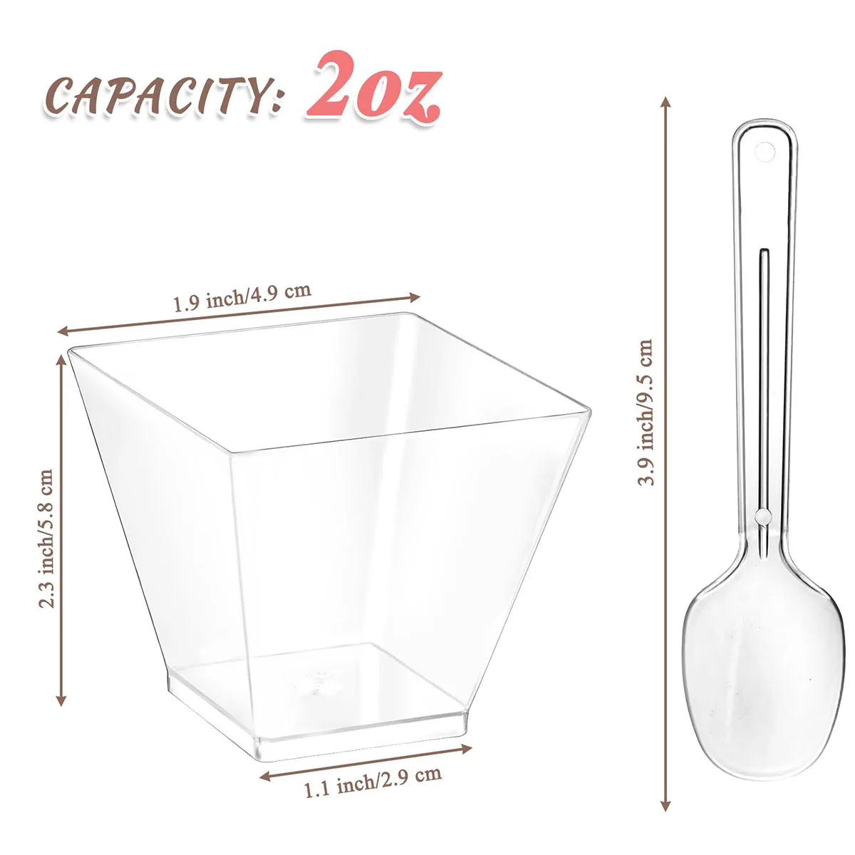 50Pcs Square Mini Plastic Dessert Cups with spoons 2oz Clear Desserts Appetizers Ice Cream Plastic Parfait Appetizer Cups