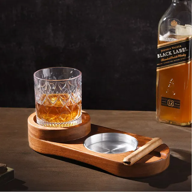 Rhoyee Luxus Zigarren Aschenbecher Set mit Whiskey Glas Tablett Abnehmbare  Holz Aschenbecher Zigarren Zubehör für Männer - Indoor und Outdoor