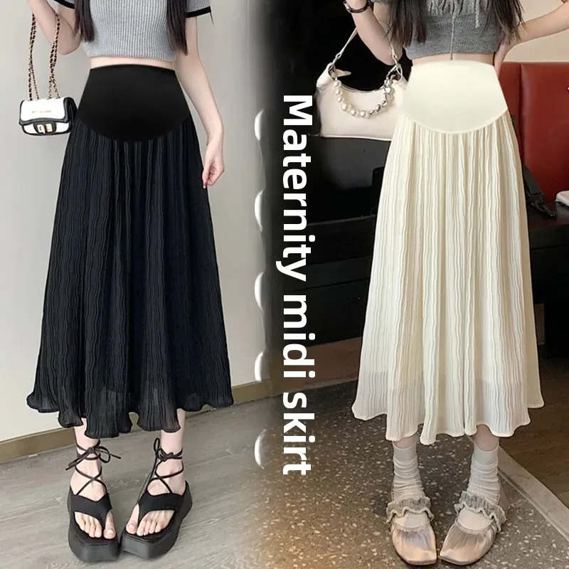 Maternity High Waist A- Line Skirt Pleated Spring Summer Women's Outerwear Slimming Half-length Skirt