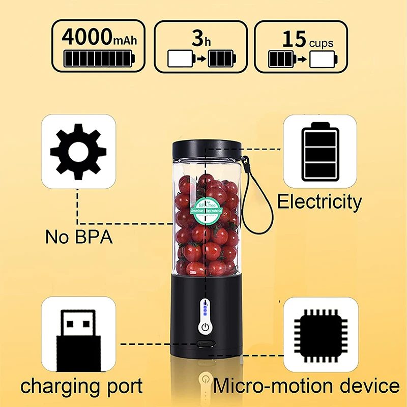 530ML Powerful Portable Blender for Smoothies Shakes USB Rechargeable Food Processor Fruit Mixer Machine Mini Juicer Blender Cup - Image 6