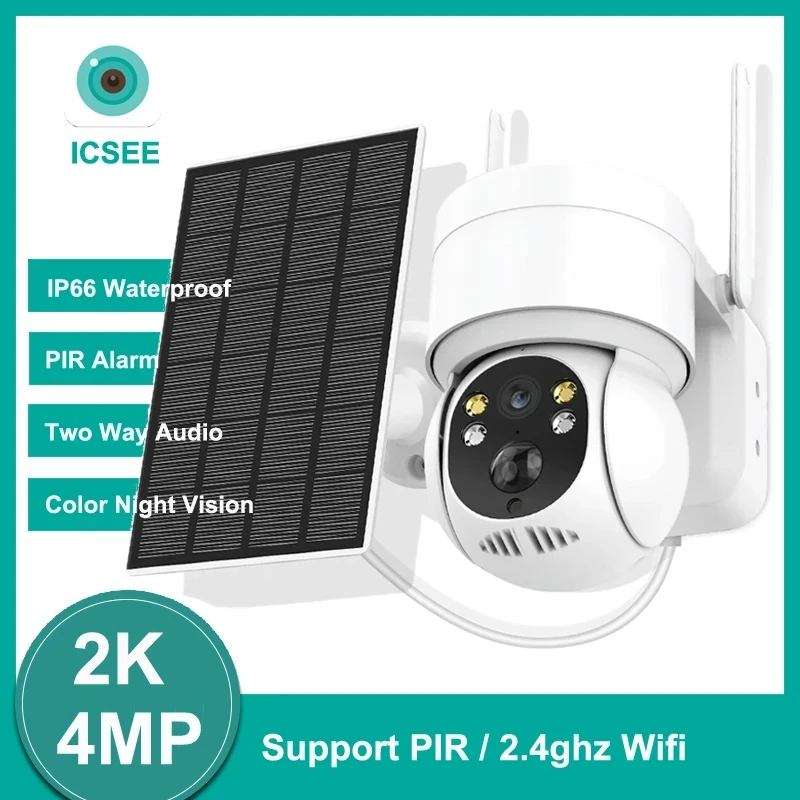 2K 4MP ICSEE Solar Wifi PTZ Camera Outdoor Color Night Vision Two Way Audio PIR Detect Built-in Battery Solar Security Camera tuya 3mp wifi battery solar power outdoor security pir motion detect spotlight color night vision cctv surveillance siren camera