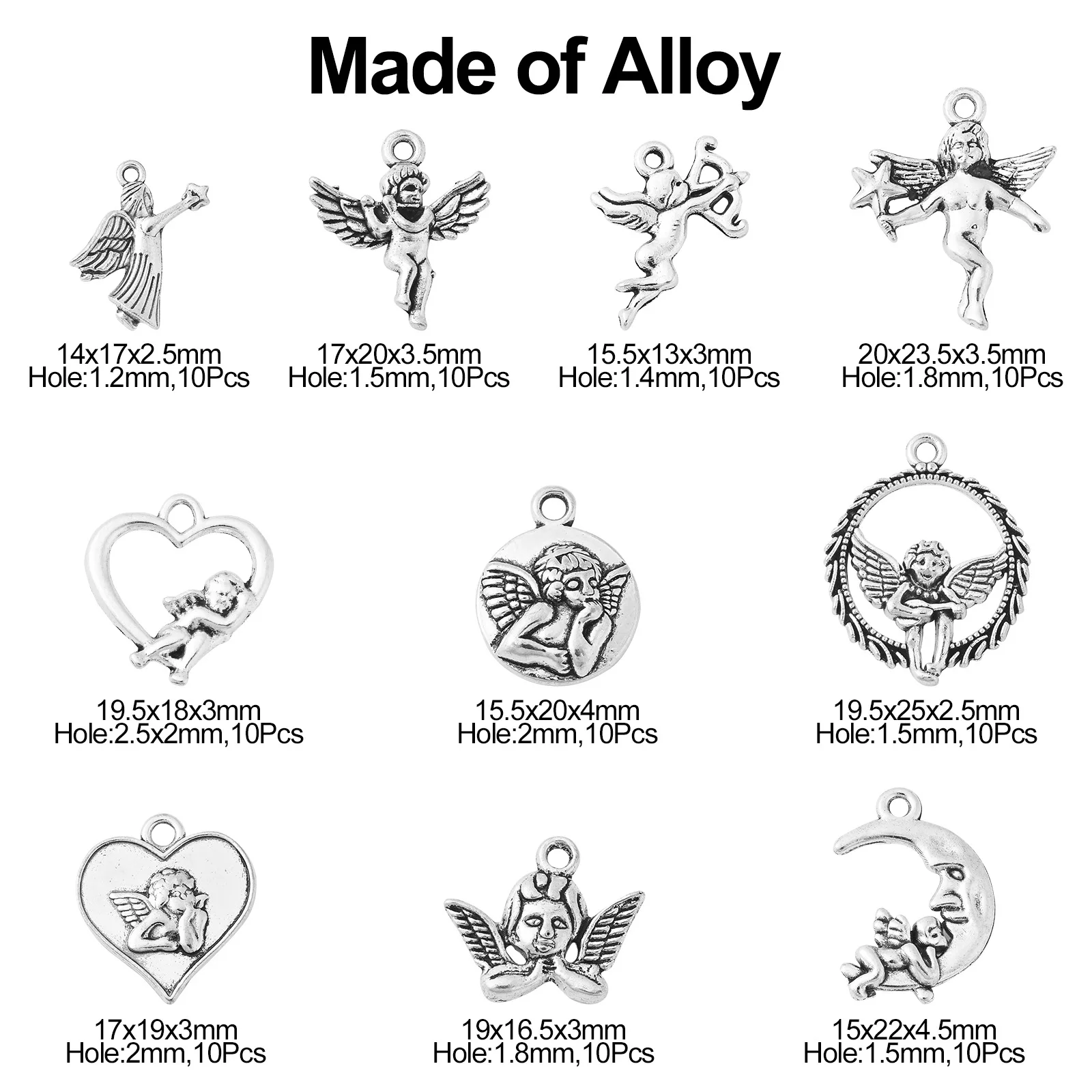 100Pcs 10 Styles Tibetan Angel Charms Antique Silver Religious Angel Charms for Necklace Bracelet Earrings Jewelry Making