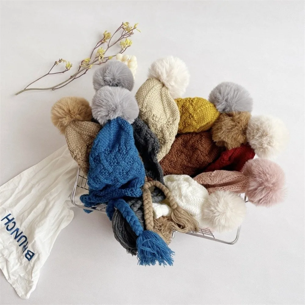 Fashion Autumn Winter Baby Crochet Hat Pom-pom Soft Warm Hand Knitted Cap Outdoor Tassel Pigtail Ear Protection Cap Toddler