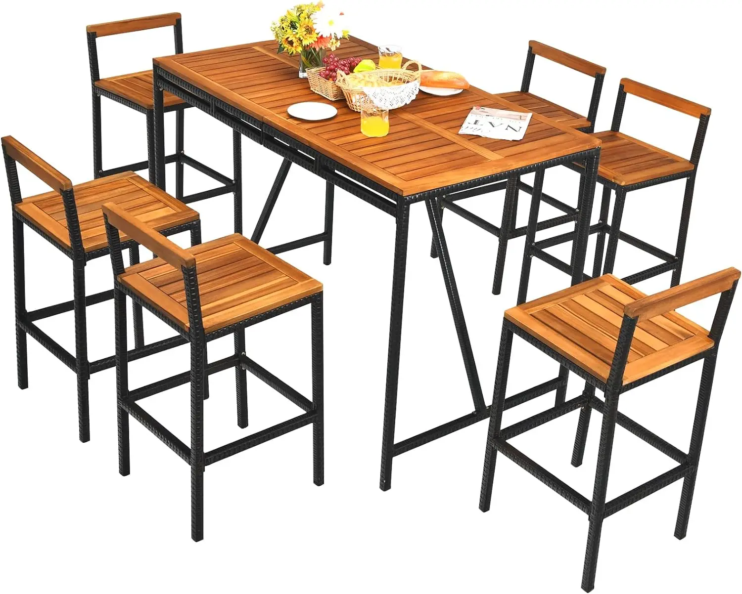 

7-Piece Outdoor Acacia Wood Bar Set, Patiojoy Outdoor Rattan High-Dining 6 Bar Stools and 1 Rectangular Table with Umbrella Hole