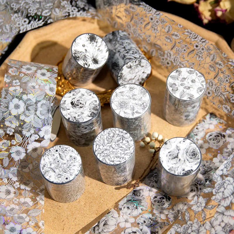 1 Roll PET tape plain brocade flower series hot silver flower handbook DIY decorative cycle stickers Tape 8 kinds