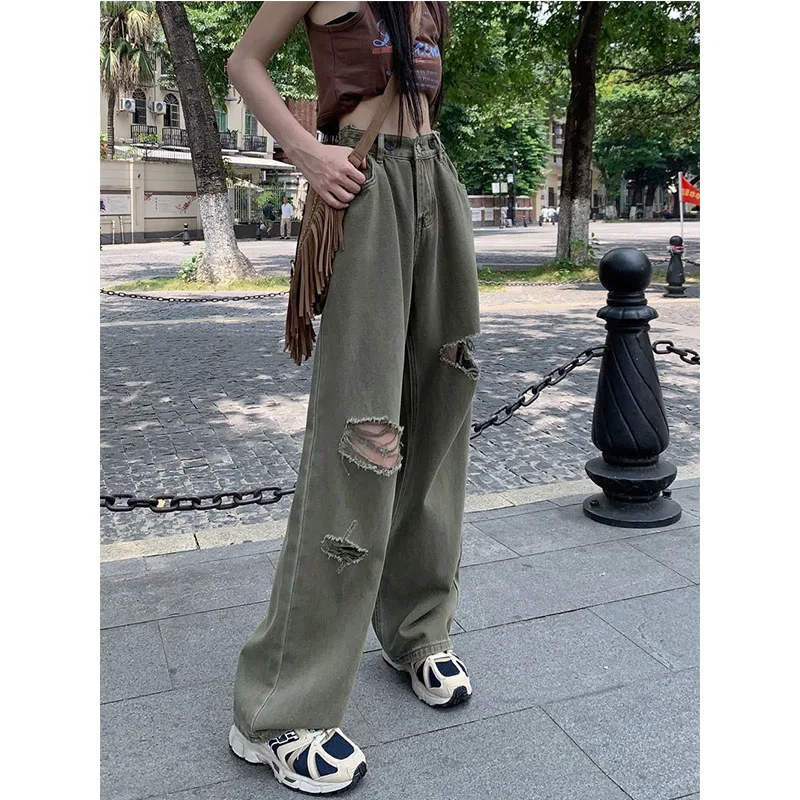 Streetwear Women Hole Do Old Y2k Jeans Spring New Korean Fashion Army Green Pants Vintage High Waist Loose Wide Leg Trousers