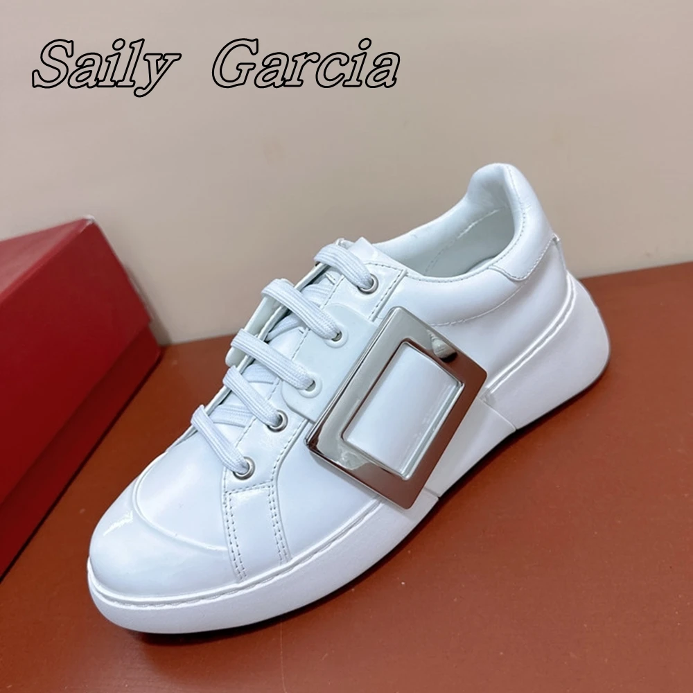 Genuine Leather Square Button Rhinestones Lace Up Vulcanized Shoes Mixed Color Round Toe Flat Shoes Summer Simple Casual Shoes