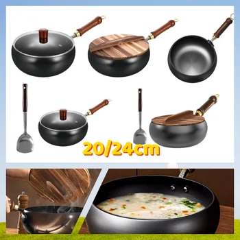 Padella antiaderente per forgiatura fatta a mano 20/24CM Per uso domestico Stir Fry Stufato Pentola a fondo piatto Piccola padella Cucina Stufa a gas Padella universale 1