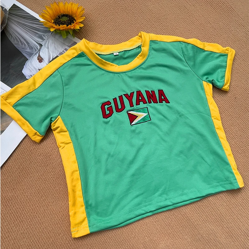Women Gothic Vintage O Neck Slim Crop Tops Short Sleeve T-Shirt For Summer Y2k Streetwear GUYANA Letter Print Sporty Baby TShirt 3