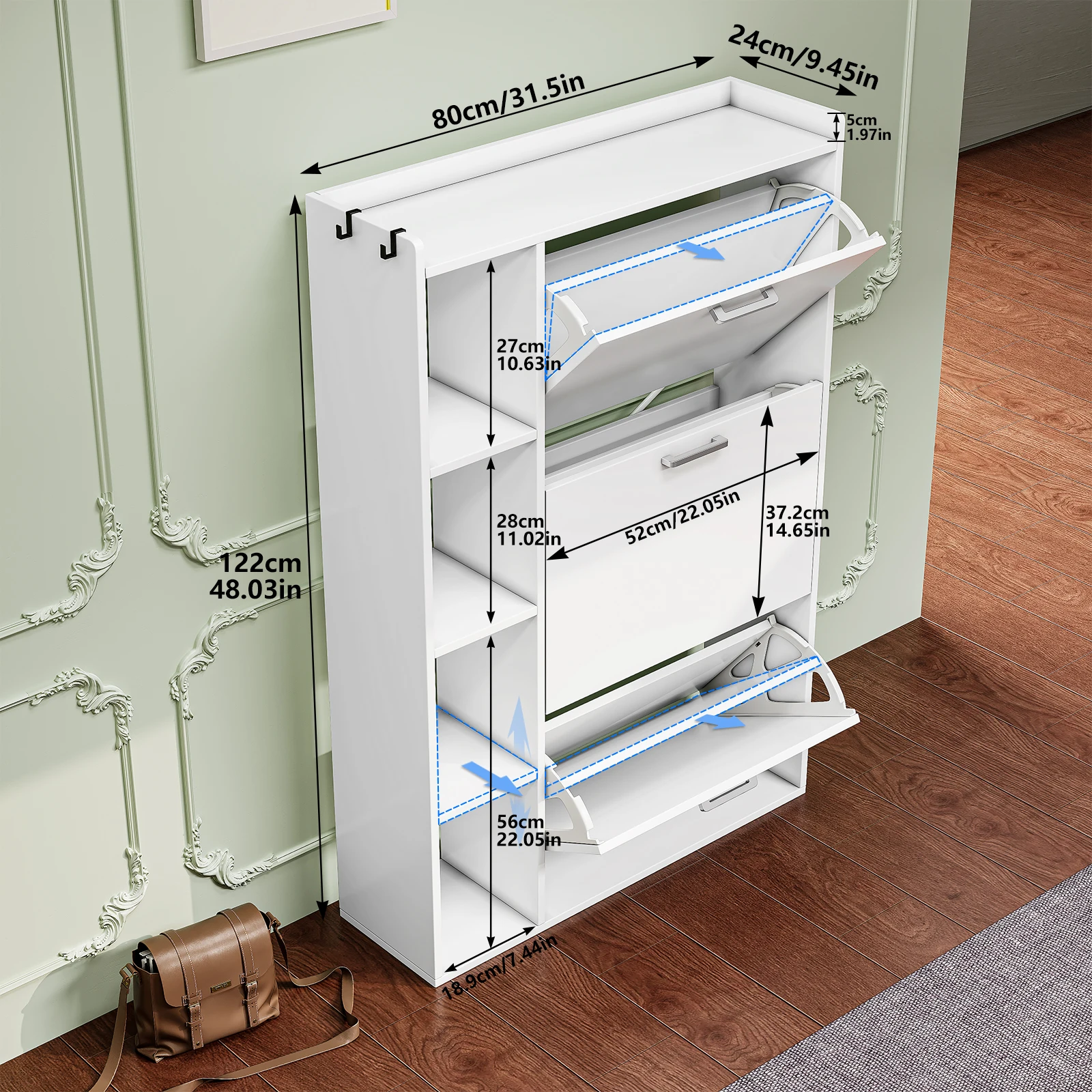 Schwarz-weißer Schuhschrank aus Holz mit 3 Türen, Schuhschrank, schmales Regal, Kippvorrichtung, Kippschutzvorrichtung, Eingangsbereich, Flur, Wohnmöbel – Detail 5