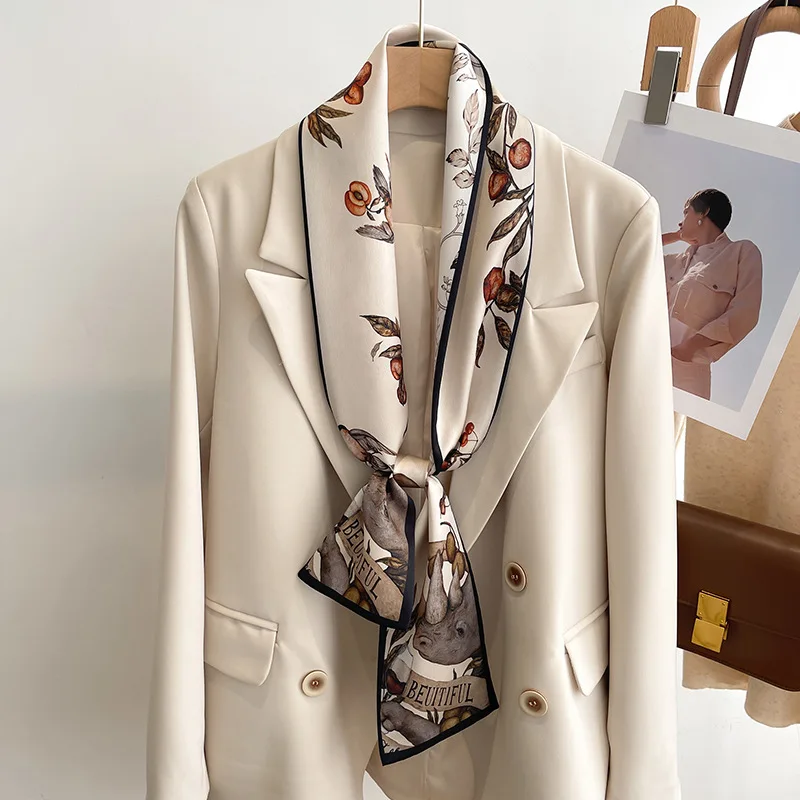 women's silk printed long narrow scarf