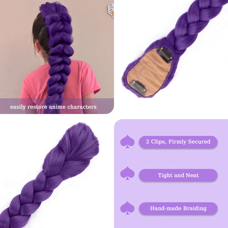26inch Purple Braided Hair Ponytail Extensions for Kids Cosplay Long Purple Braids for Kids Christmas Party Use Purple Wig Hair
