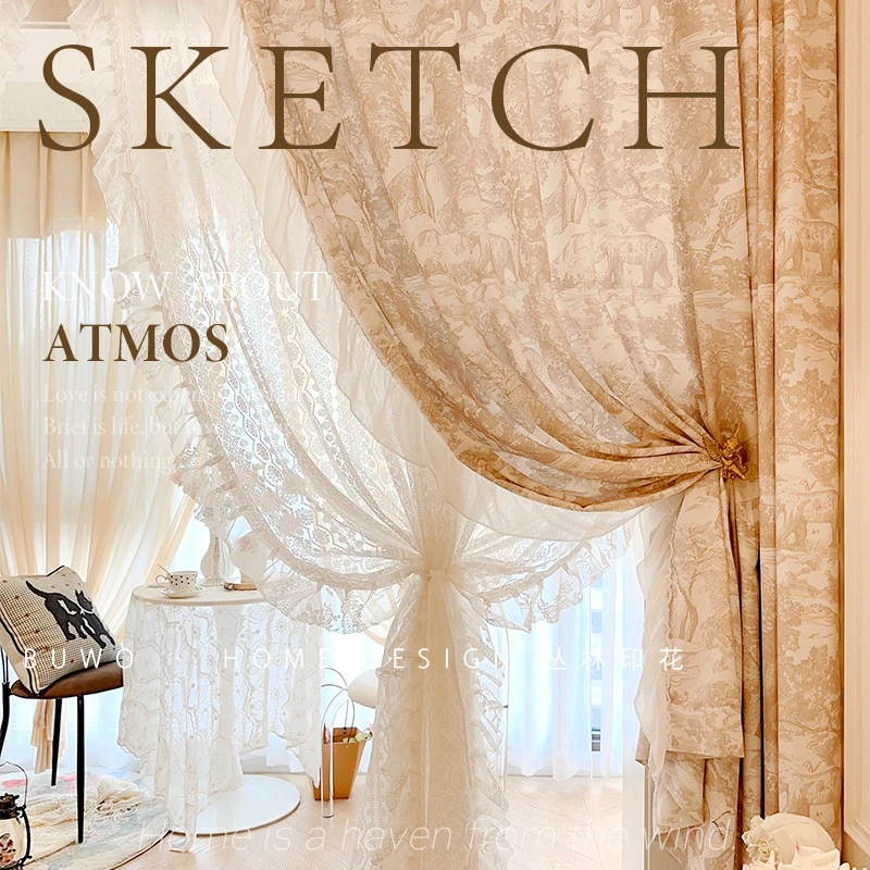 

French Printing Curtains for Living Room Bedroom Light Luxury Retro Curtain Cotton Linen Printe Curtain Lace Curtain Home Custom