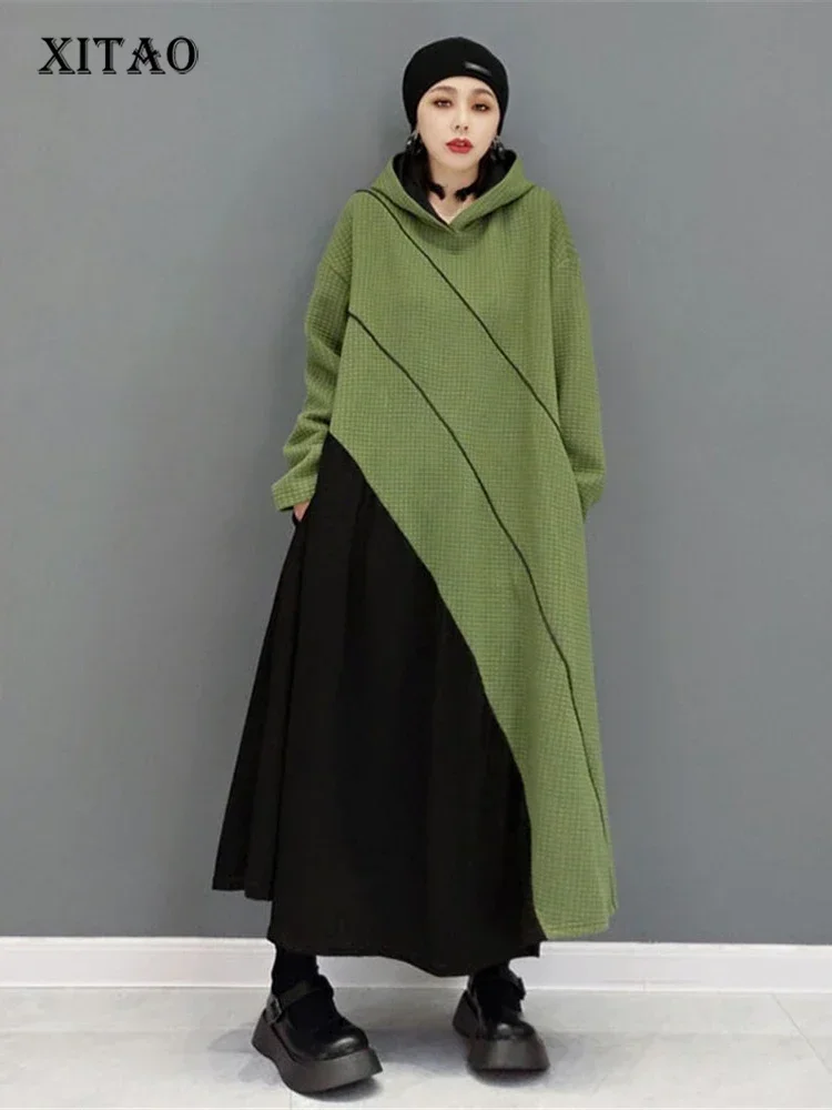 

XITAO Autumn New Long Sweater Dress 2021 Fashion Casual Contrast Patchwork Long Sleeve Hooded Collar Loose Women WMD4186