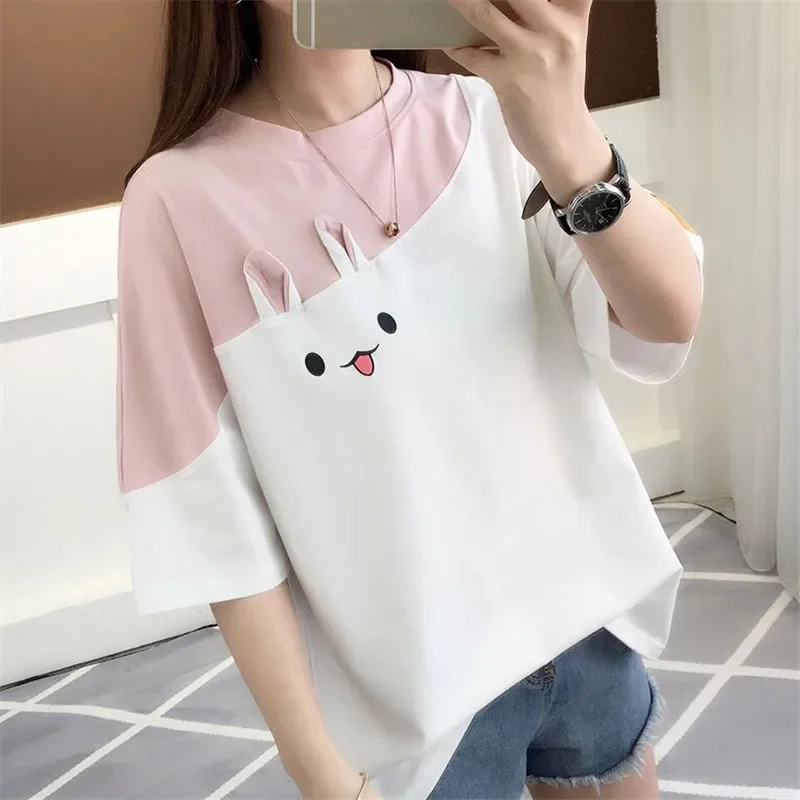 

Korean Clothes Girl Kawaii T-shirts Loose Women Cute Tops T Shirt White Pink O-neck Fashion Tshirt Summer 2023 New Casual Top