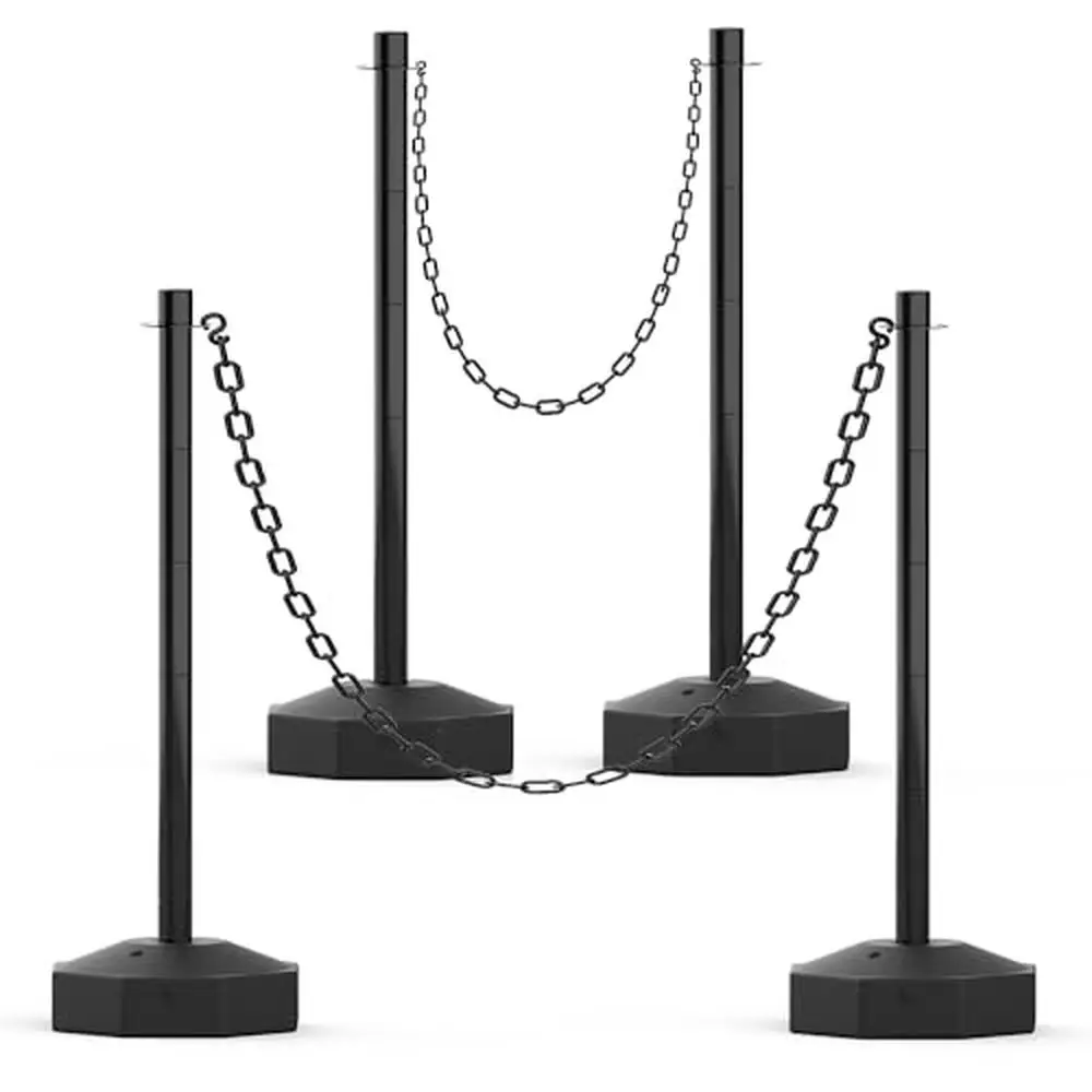 Traffic Safety Delineator Post Cones 4 Pack with Fillable Base & 8FT Plastic Chain Removable Portable Barrier Parking Lot Events