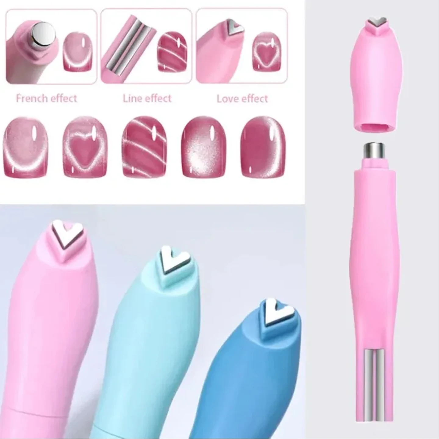 3 in 1 캣아이 네일 마그네틱 스틱 러브 하트 스네이크 패턴 프렌치 캣아이 네일 마그넷 UV 젤 폴리쉬 효과 매니큐어 디자인 도구