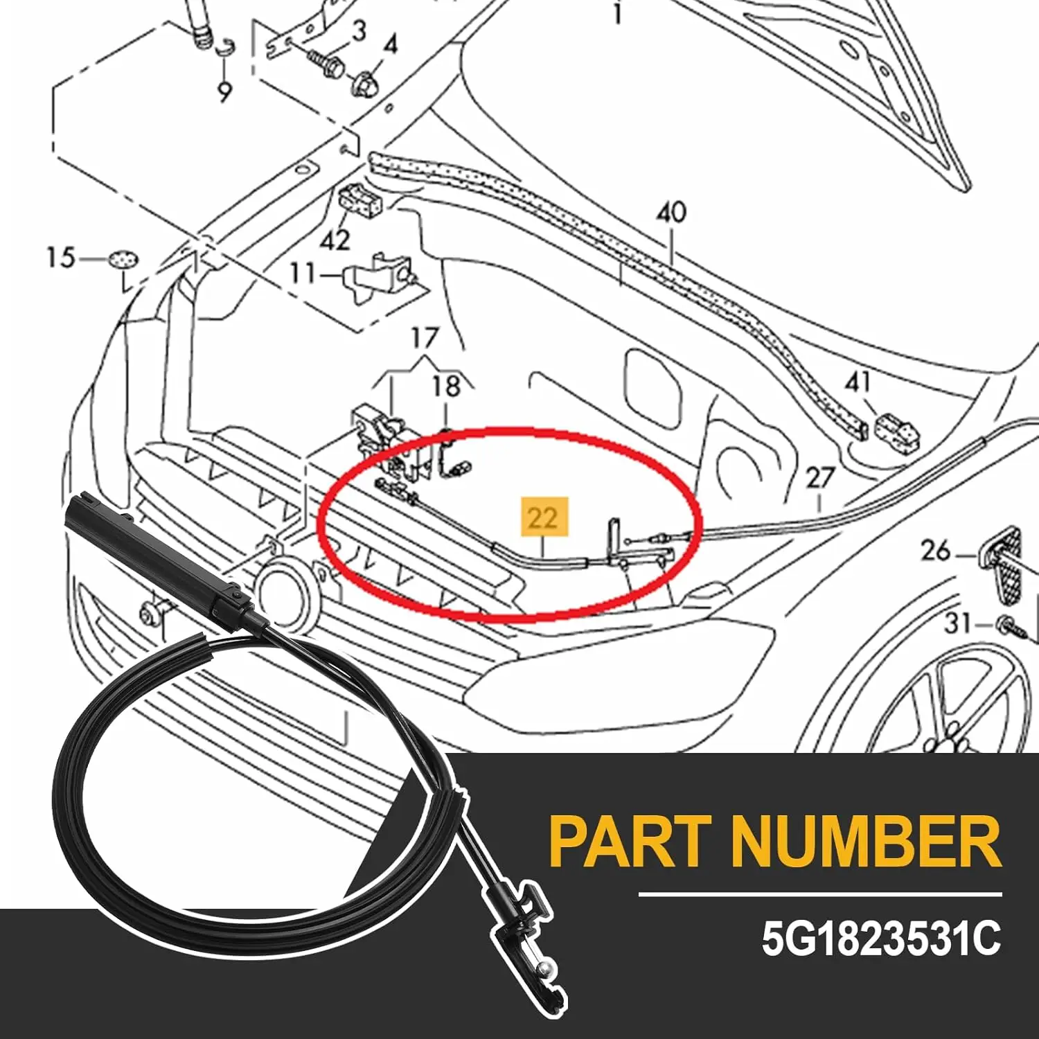 골프 스포츠바겐 GTI 2015-2018과 호환되는 후드 래치 잠금 해제 케이블 부품 번호 5G1823531C