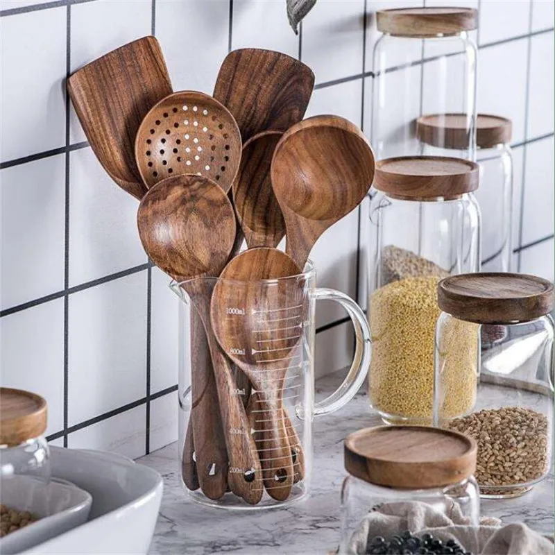 7-Piece Set Of Wooden Cooking Tools Natural Wooden Long Rice Spoon Soup Skimmer Thai Teak Natural Wood Tableware Kitchen Supplie