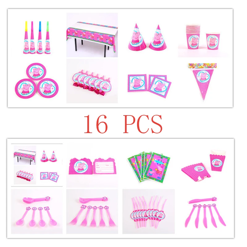 16pcs/set Peppa Pig Birthday Decoration Party Supplies Cartoon Anime  Disposable Dinner Plate Fork Cups Hats Plate Dinner Plate - AliExpress