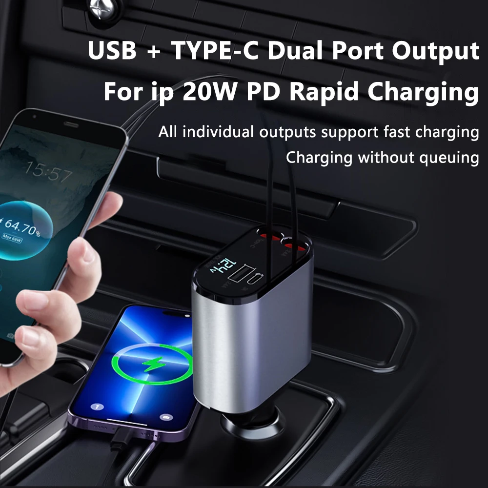 Car Charger 100W Scalable 4-in-1 USB C-Cable For IPhone Huawei Samsung