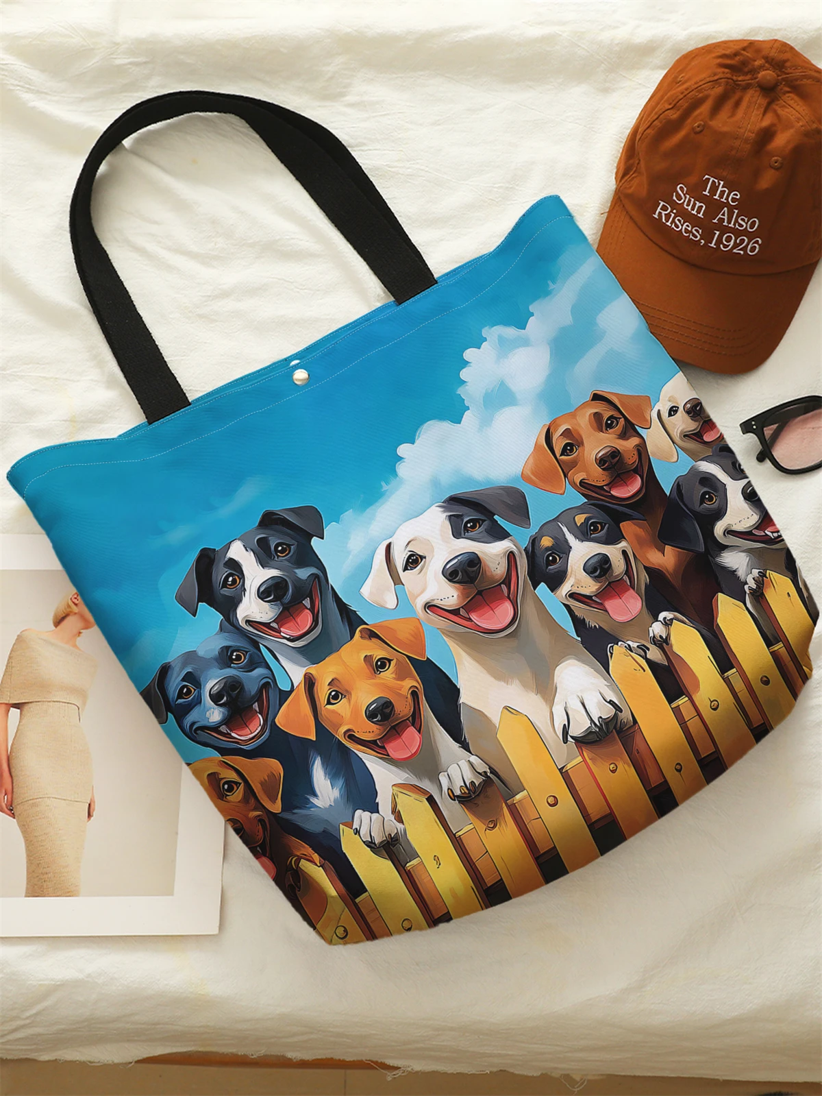 1pc，Cute cartoon dog pattern handbag, reusable fashionable handbag, multifunctional handbag, printed canvas shopping bag