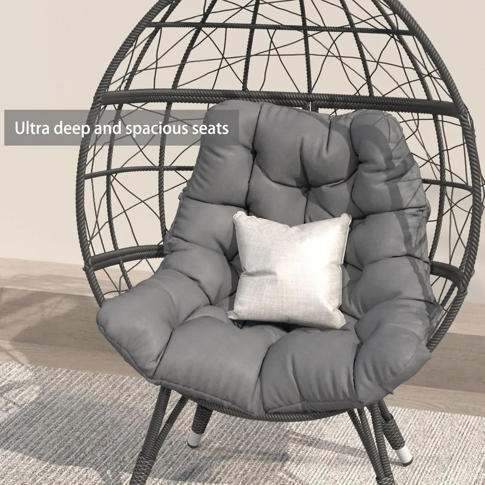 Oversize Wicker Egg Chair, Outdoor Indoor Egg Basket Lounge Chair w Large Cushion for Patio Backyard Garden Living Room (Grey) 4
