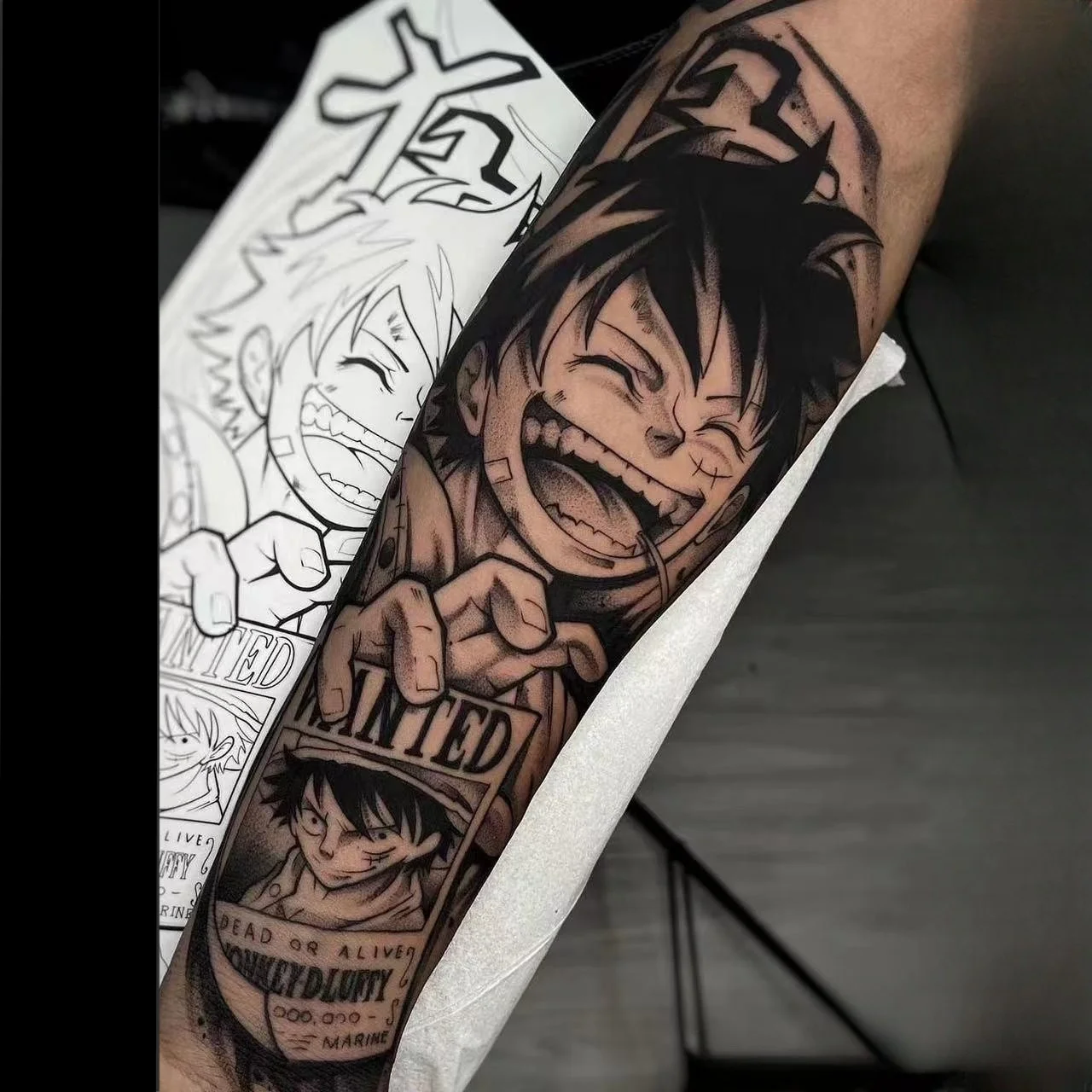 Anime Pirate Straw Hat Boy Temporary Tattoos Big Size Black Juice Tattoo Body Art Waterproof Fake Tatoo Sticker for Woman Men tattoo sticker,temporary tattoos