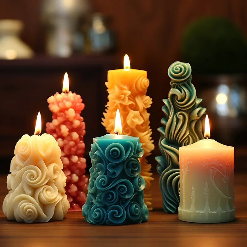 Christmas Cylindrical Candle Silicone Mold DIY Flower-Shaped Candle Molds Relief Pattern Aromatherapy Mold Home Decor