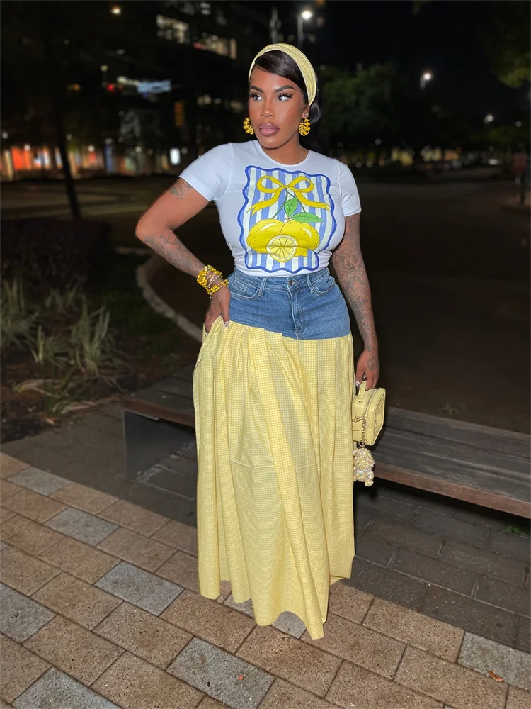 Wmstar Two Piece Set Women Casual Tshirts Top Denim Patchwork Skirts Sets Summer Clothes Matching Suit Wholesale Dropshipping