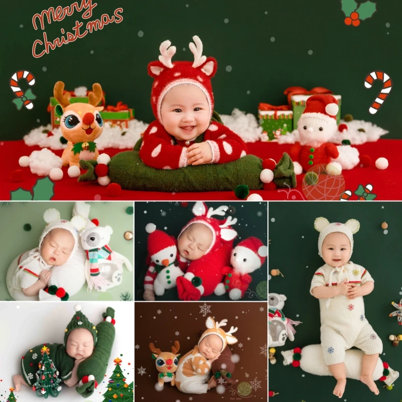 Dvotinst Newborn Photography Props Christmas Theme Outfits Deer Doll Hat Hat Posing Pillow Backdrop Studio Shooting Photo Props dvotinst baby girl newborn photography props ruffles outfits headband posing pillow set fotografia studio shooting photo props