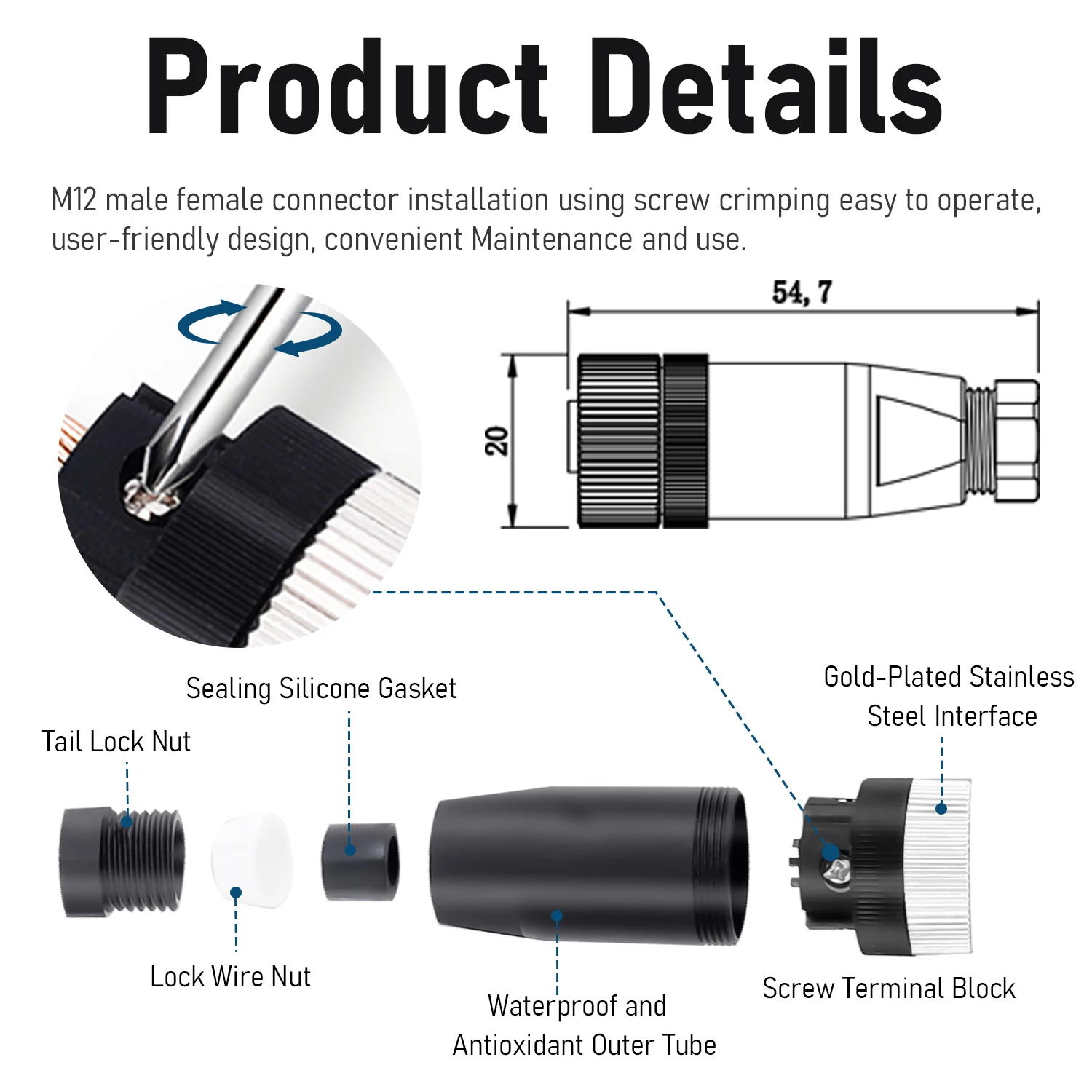 M12 4/5/8Pin Sensor connectorFemale/Male Waterproof Aviation PlugIP67 12MM A-Coding Field AssemblyCircular Socket Panel