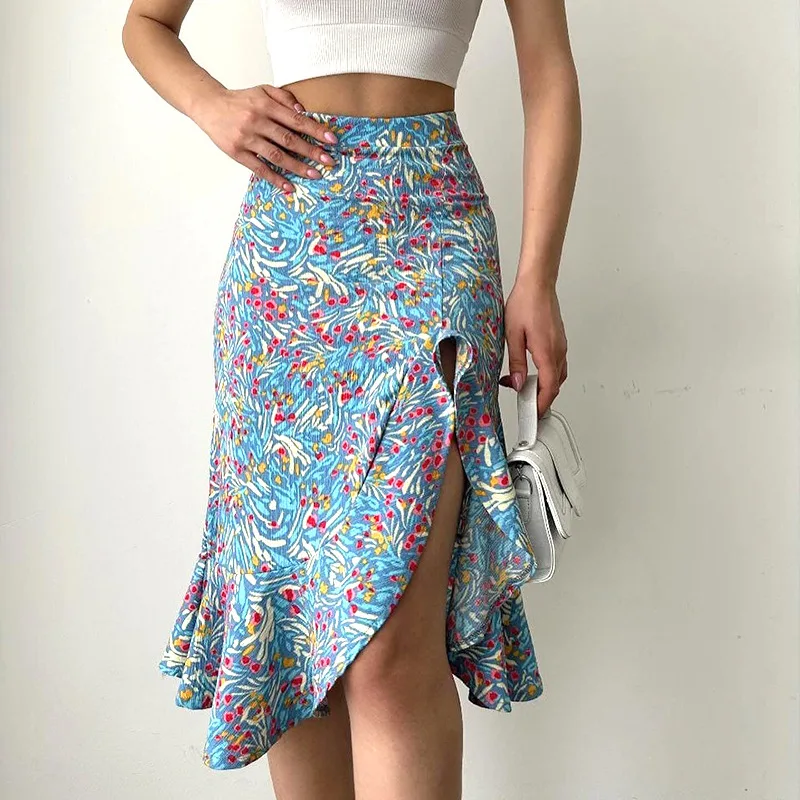 

Printed Tight Fitting High Waisted Slit Irregular Hem Skirt New Summer Women Lightweight Fresh And Fashionable Lotus Leaf Skirt