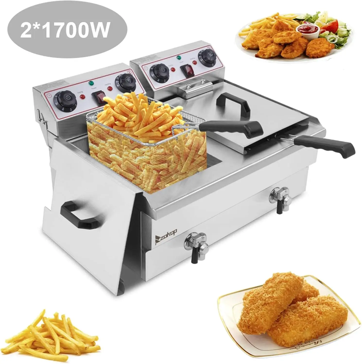 25QT/23.6L Commercial Deep Fryer with Basket and Lid, 3400W Electric Fryer with Adjustable Temperature & Timer, Stainless Steel
