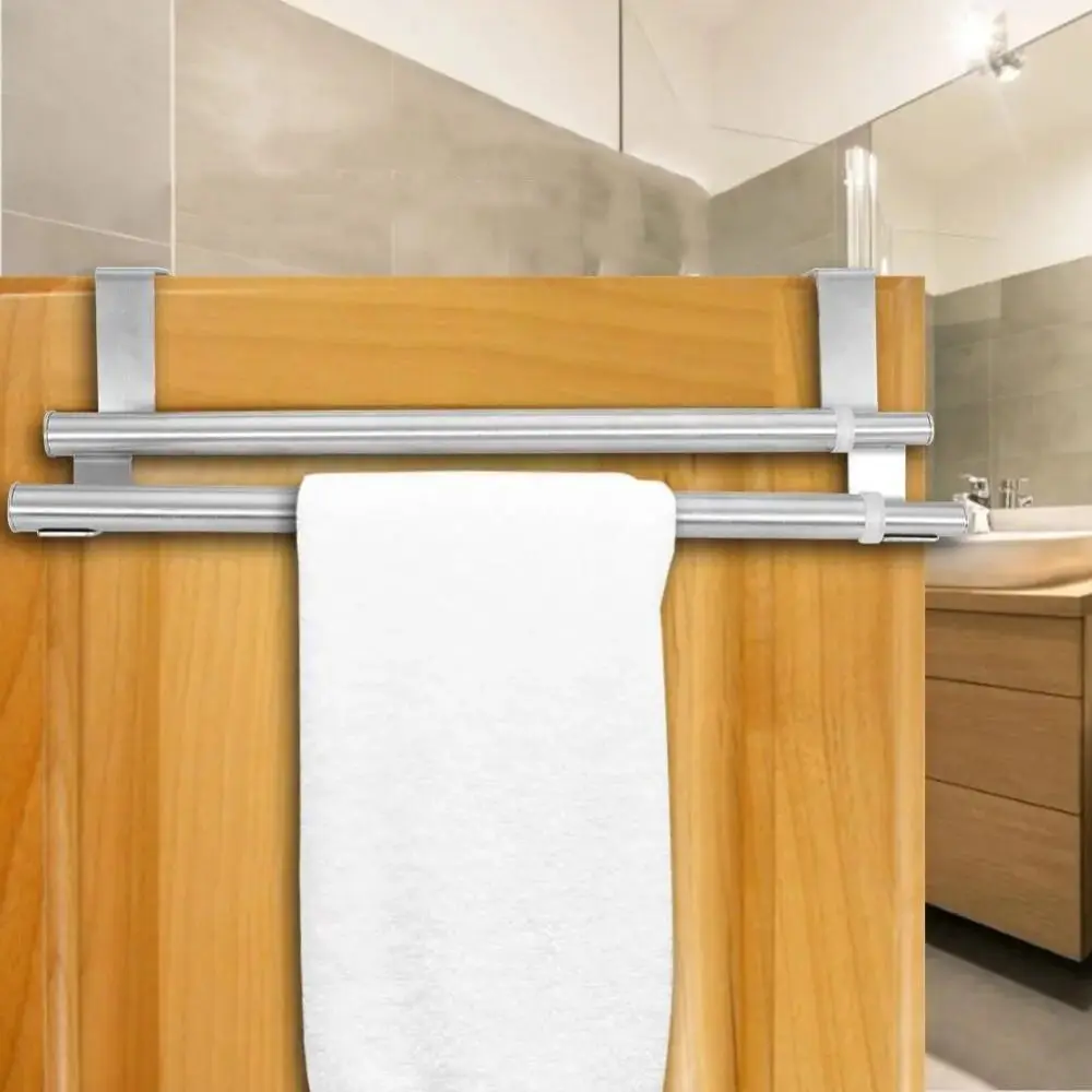 

Silver Double Telescopic Towel Rack Stainless Steel Punch Free Door Hanger Wall Mounted Retractable Towel Hanging Rack Washroom