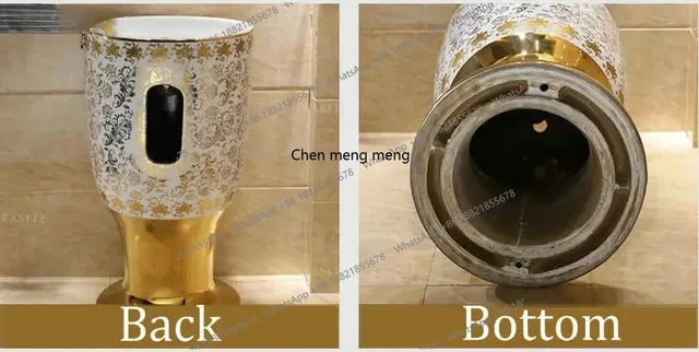 อ่างล้างหน้าแบบตั้งพื้นพร้อมขาตั้ง รุ่นใหม่ล่าสุด อ่างล้างหน้าทรงกลมสีทอง วัสดุเซรามิก 5