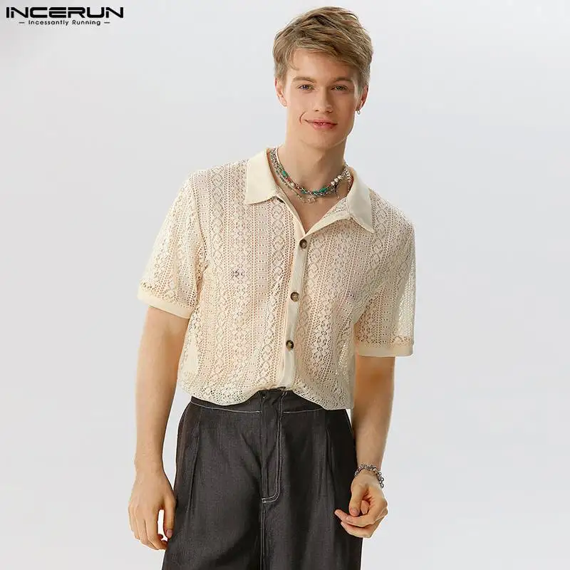 

INCERUN Tops 2023 American Style New Men's Hollowed Lace Printed Shirts Casual Micro See-through Mesh Short Sleeved Blouse S-5XL