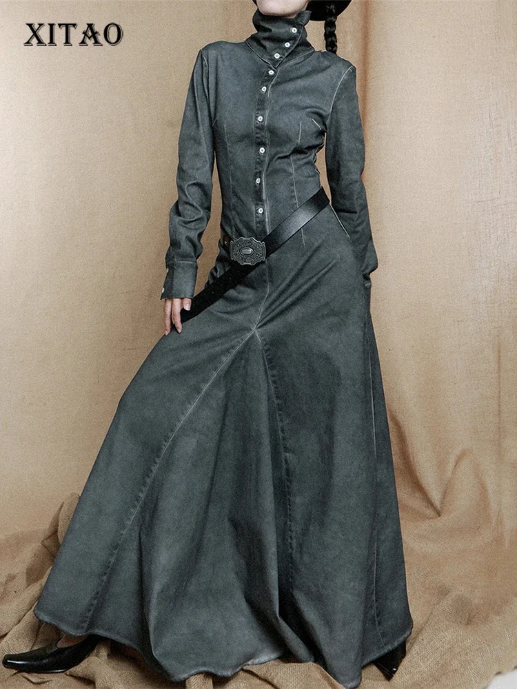 

XITAO Vintage Turtleneck Shirt Dress Slimming All-match Fashion Trend Street Wind Women Autumn Casual Simplicity Dress HQQ1689