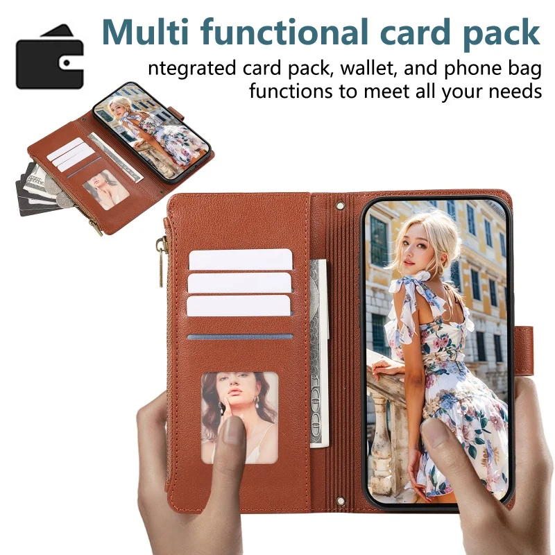 Zipper Leather Flip Wallet Phone Case with Lanyard and Card Holder