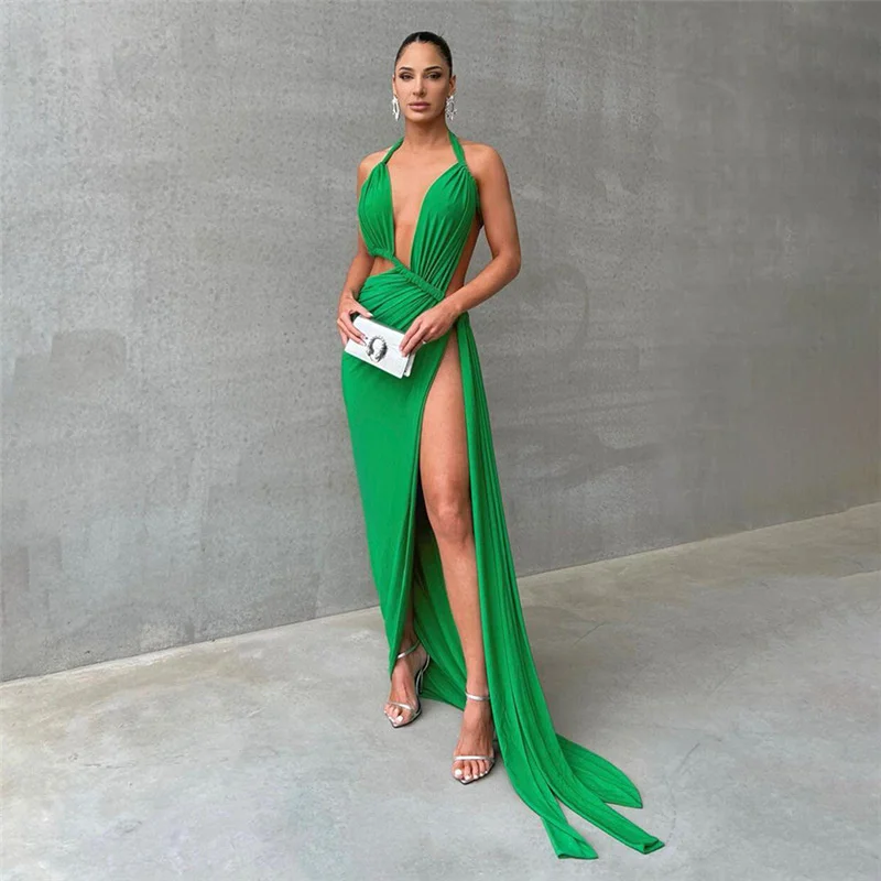 

Zoctuo Womens Sexy Ruched Cocktail Party Dresses For Wedding Guest Halter V-Neck Backless Draped Cut Out Maxi Floor Vestidos