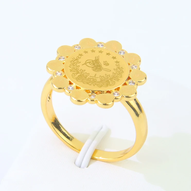 Arabische muslimische Goldmünzen Ringe 21 Karat vergoldet Dubai Mode Zirkonia Paare Ring türkische Frauen Braut Hochzeit Vintage-Schmuck – Detail 9