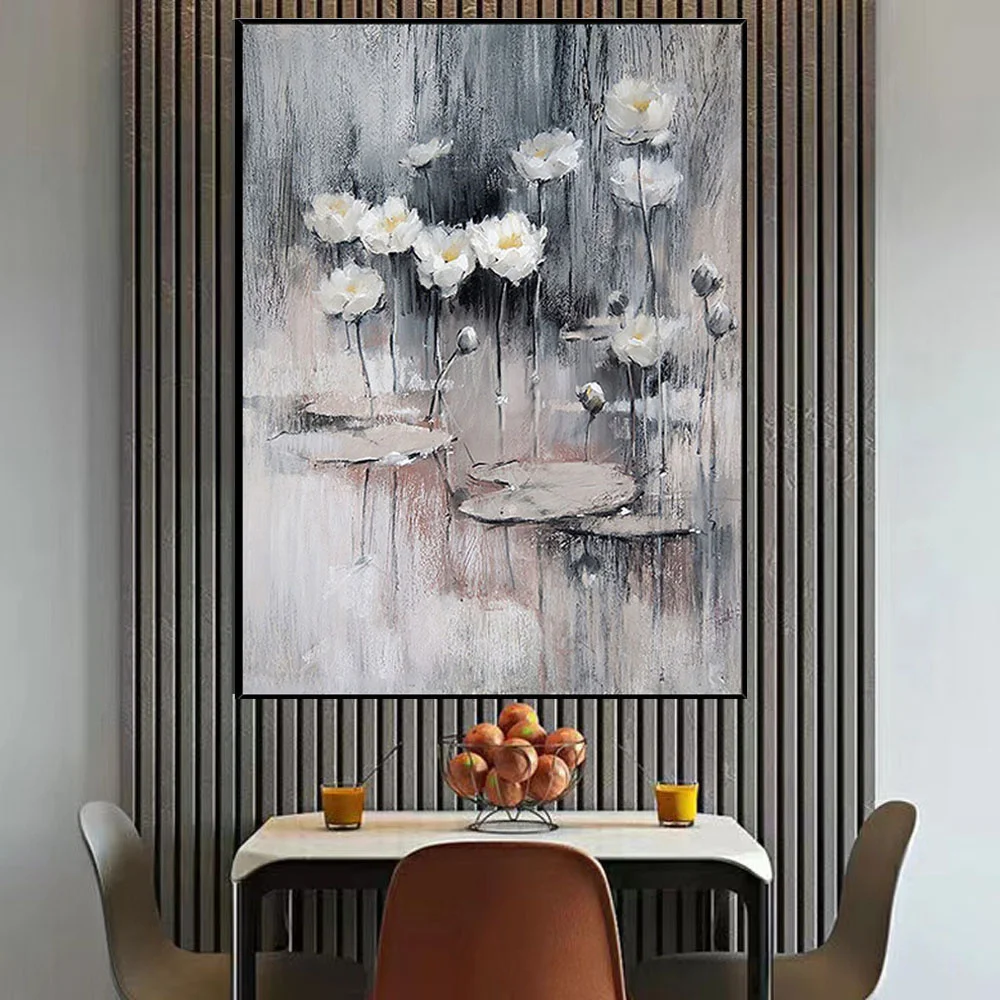 

Pure Hand-Painted Oil Painting On White-Lotus Canvas Abstract Texture Lotus Landscape Plant Wall Arta