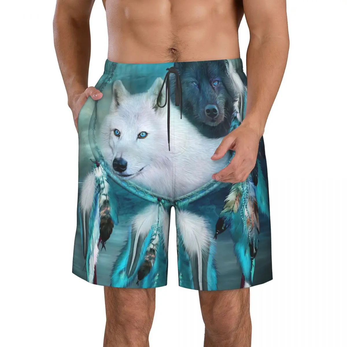 

Dream Catcher - White Wolf Black Wolf Men's Beach Shorts Fitness Quick-drying Swimsuit Funny Street Fun 3D Shorts