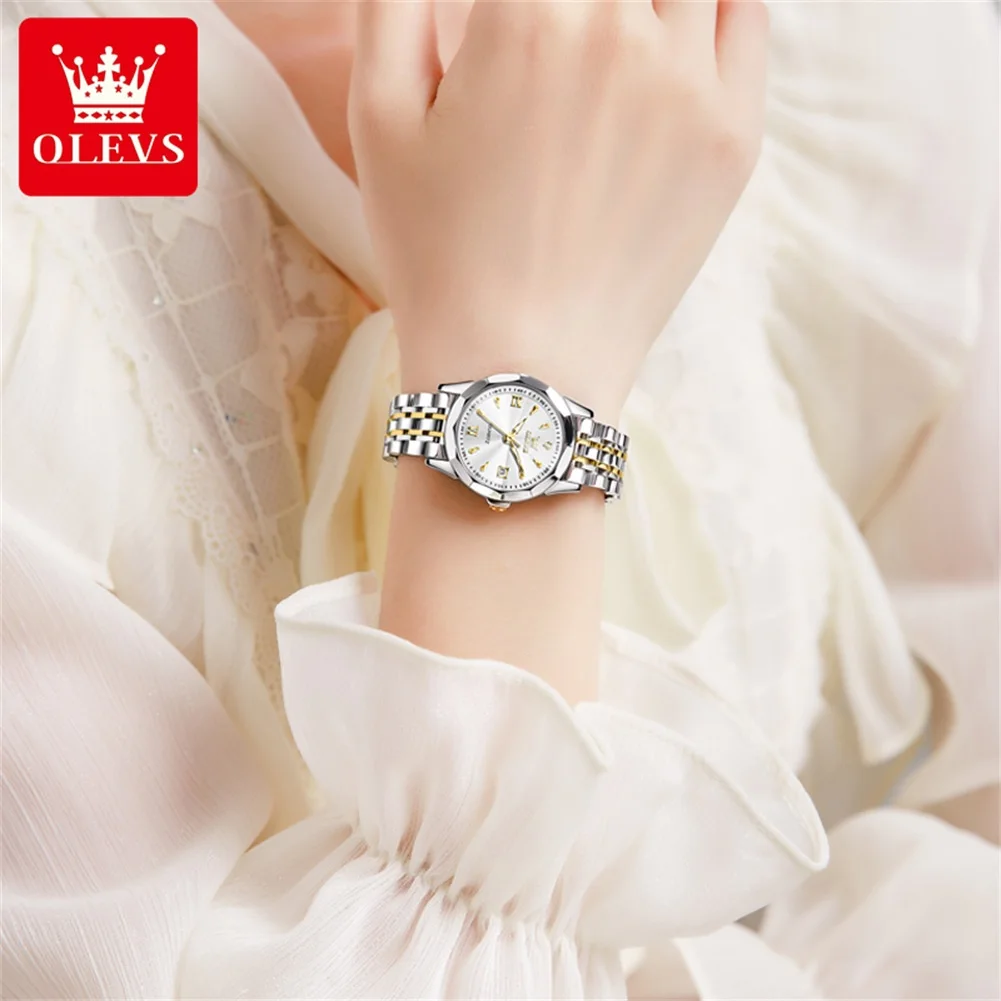 OLEVS 9998 Watch Woman Simple Calendar Quartz Watch For Women Rhombus Mirror Steel Strap Waterproof Business Ladies Wristwatch
