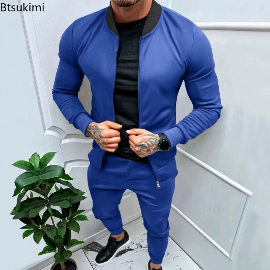 2024 Men's Casual 2PCS Pants Sets Solid Slim Tracksuits Sets Man Stand Collar Long Sleeve Zipper Jackets and Trousers Sets Male